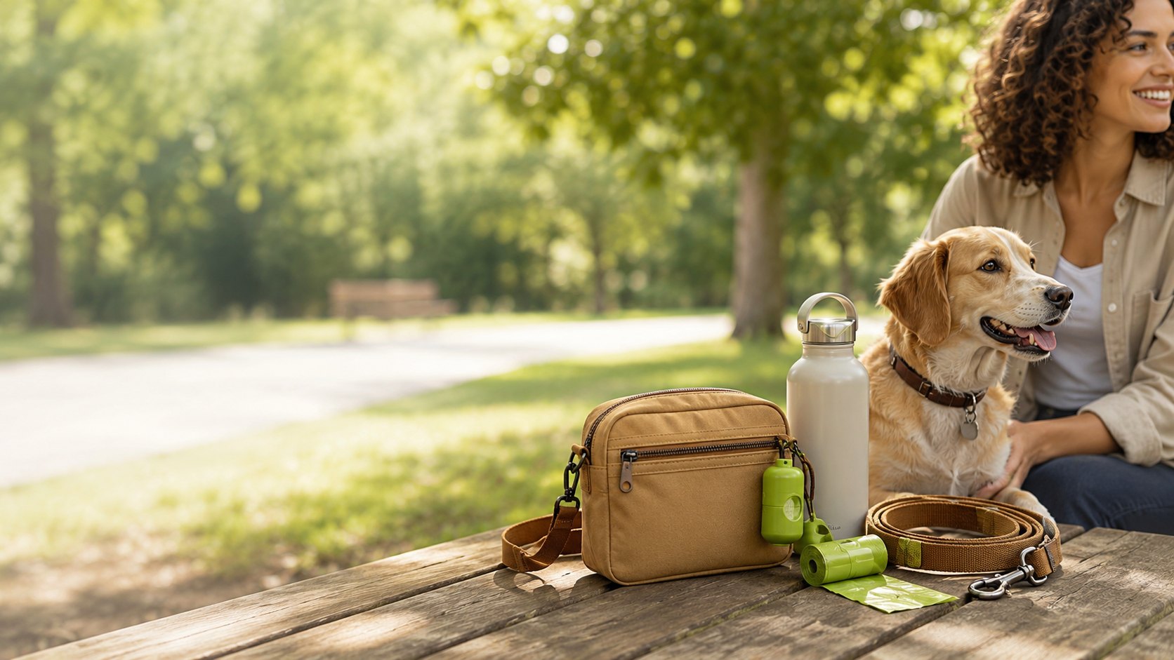 Dog walking essentials on a park table