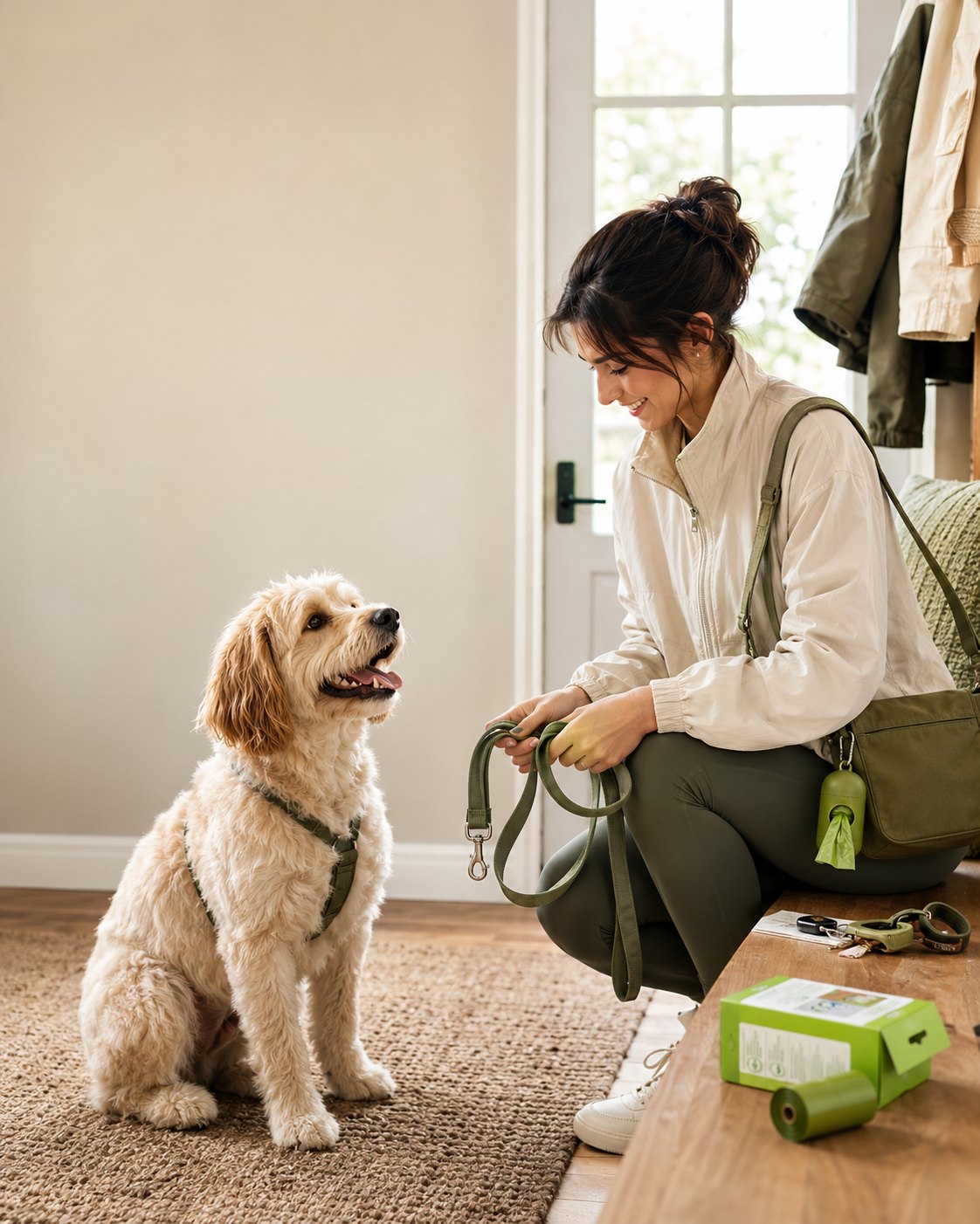 Dog owner preparing for a walk with clean-up essentials